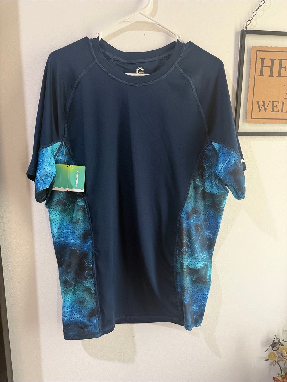 Men's Navy Blue Short Sleeve Swim Rash Guard with Teal Panels